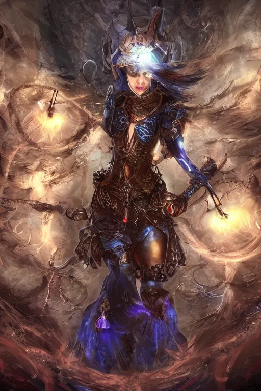 Image similar to Path of Exile, Maven, blue eyes female image with silver purple hair among colourful lights, dark blue spheres fly around, Anachronism, painting, dark fantasy, steampunk, 4k