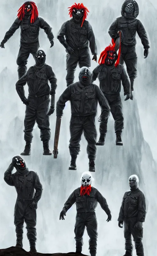 Image similar to propaganda poster slipknot standing on cliff, 8 k, trending on artstation