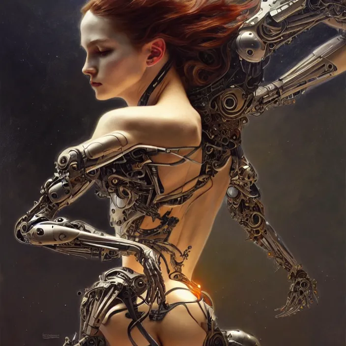 Prompt: organic cyborg, black oil, diffuse lighting, fantasy, intricate, elegant, highly detailed, lifelike, photorealistic, digital painting, artstation, illustration, concept art, smooth, sharp focus, art by john collier and albert aublet and krenz cushart and artem demura and alphonse mucha