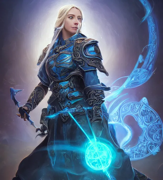 Image similar to Jaina Proudmore portrait, intricate arcane armor with glowing magical runes, flowing blue magical energy, subject in the middle of the frame, rule of thirds, golden ratio, elegant, digital painting, octane 4k render, zbrush, hyperrealistic, artstation, concept art, smooth, sharp focus, illustration from Warcraft by Ruan Jia and Mandy Jurgens and Artgerm and William-Adolphe Bouguerea