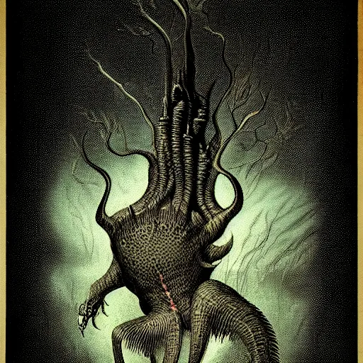 Image similar to bestiary of creatures from the depths of the unconscious psyche