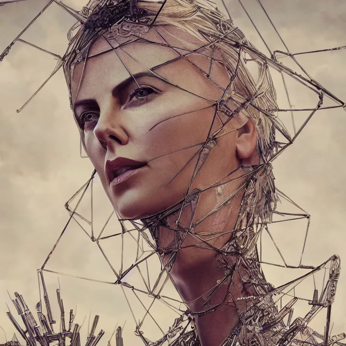 Image similar to portrait of Charlize Theron at Burning Man. intricate abstract. intricate artwork. by Tooth Wu, wlop, beeple, dan mumford. octane render, trending on artstation, greg rutkowski very coherent symmetrical artwork. cinematic, hyper realism, high detail, octane render, 8k, iridescent accents