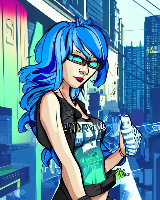 Image similar to cel shaded art of a pretty blue haired girl, jet grind radio graphics, cyberpunk city street background