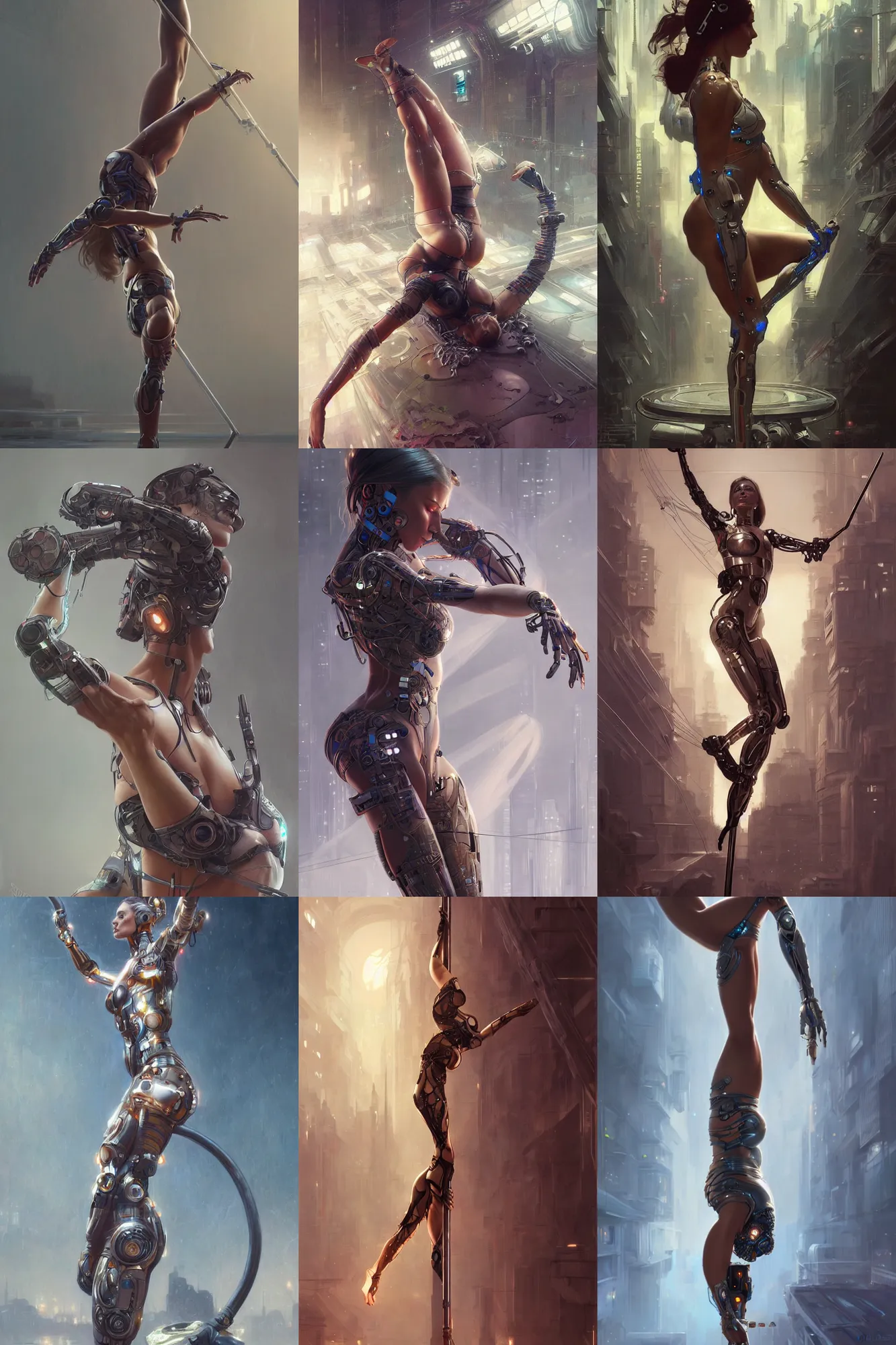 Prompt: Ultra realistic, cyborg pole dance woman, cyberpunk, sci-fi, fantasy, intricate, elegant, highly detailed, digital painting, artstation, concept art, smooth, sharp focus, illustration, art by artgerm and greg rutkowski and alphonse mucha