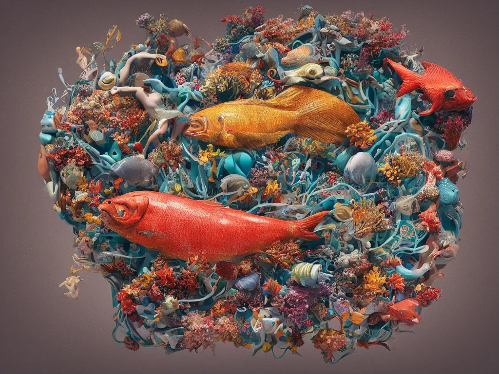 Image similar to a sculpture of fish ocean intertwined, a lovely cornucopia of flowers and human body parts, body parts, highly detailed, octane render, cinematic, shock, sharp focus, ball, an independent psycho, clean