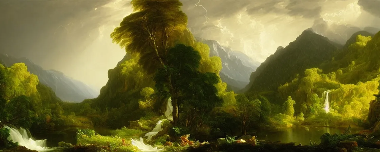 Prompt: beautiful forest scenery, distant mountains, river flowing through, distant cloud shadows, raining, rain, painting by thomas cole