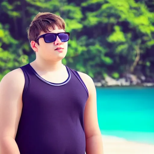 Prompt: portrait of a curvy teenage boy around 2 0 yo. detailed face. tanktop, sunglasses. beach background.