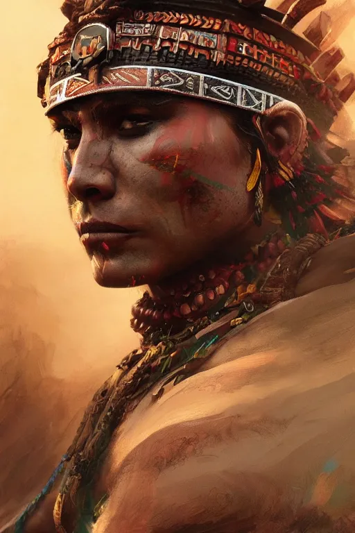 Image similar to aztec warrior, close - up portrait, fierce, intricate, elegant, volumetric lighting, scenery, digital painting, highly detailed, artstation, sharp focus, illustration, concept art, ruan jia, steve mccurry