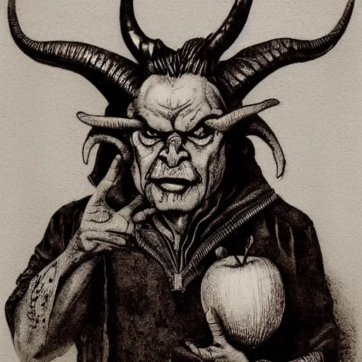 Image similar to devil horned portrait grandpop holding an apple engraved ink stamp aquatint etching intaglio antonio j. manzanedo michael kutsche waldemar von kozak 4k artstation wikiart wikipedia