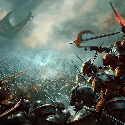 Image similar to war torn medieval battlefield, figures fighting in the distance, gleaming knights in resplendent armour locked in battle against dragons spewing fire, dnd, fantasy, high quality, high definition, concept art, smooth