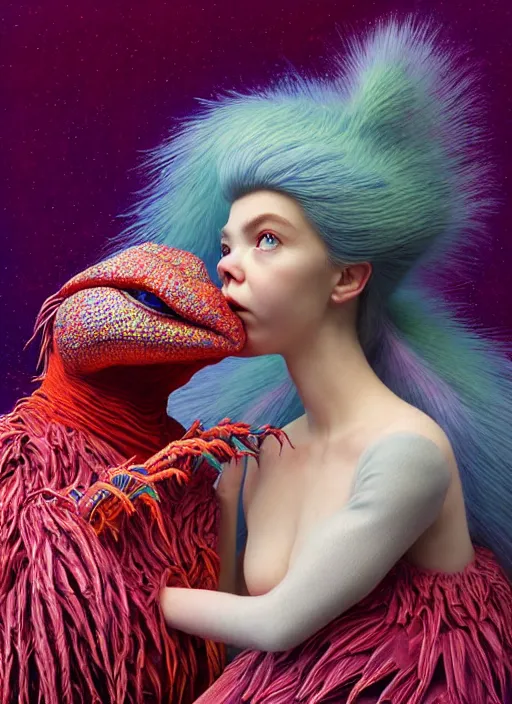 Image similar to hyper detailed 3d render like a Oil painting - kawaii portrait of two Aurora (a beautiful skeksis muppet fae princess protective playful expressive from dark crystal that looks like Anya Taylor-Joy) seen red carpet photoshoot in UVIVF posing in scaly dress to Eat of the Strangling network of yellowcake aerochrome and milky Fruit and His delicate Hands hold of gossamer polyp blossoms bring iridescent fungal flowers whose spores black the foolish stars by Jacek Yerka, Ilya Kuvshinov, Mariusz Lewandowski, Houdini algorithmic generative render, golen ratio, Abstract brush strokes, Masterpiece, Edward Hopper and James Gilleard, Zdzislaw Beksinski, Mark Ryden, Wolfgang Lettl, hints of Yayoi Kasuma and Dr. Seuss, octane render, 8k