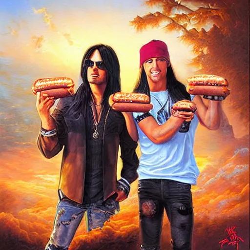 Image similar to portrait of brett michaels and criss angel sharing hotdogs, an oil painting by ross tran and thomas kincade