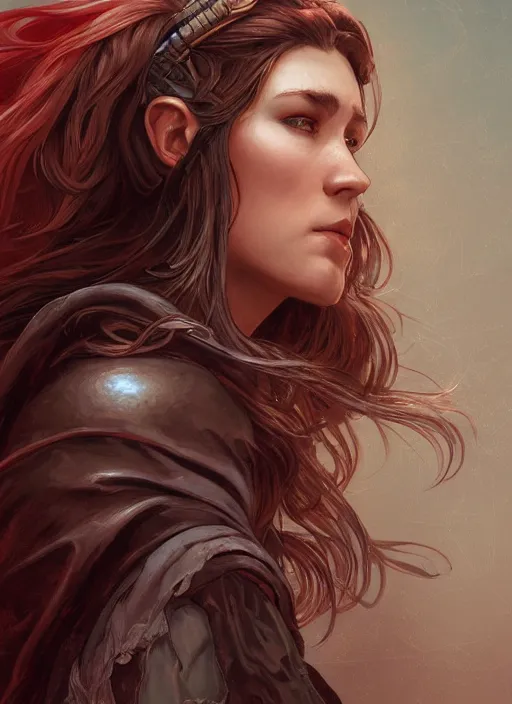 Image similar to portrait of a ruggedly handsome female cleric, soft hair, half body, leather, witchy, d & d, fantasy, intricate, elegant, highly detailed, digital painting, artstation, concept art, smooth, sharp focus, illustration, art by artgerm and greg rutkowski and alphonse mucha, plain red background