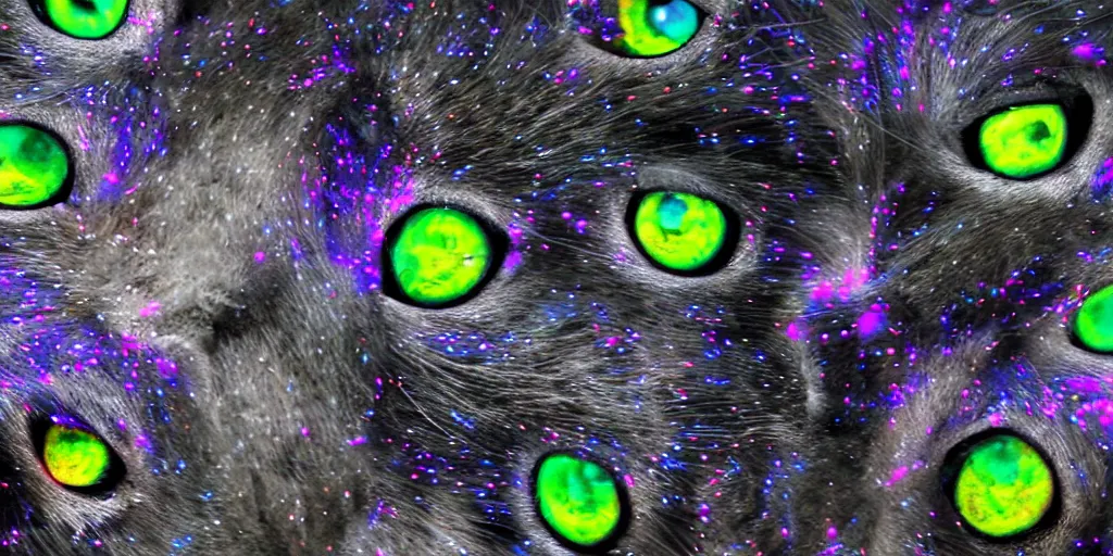 Prompt: 8K UHD cinema4D, Octane render of many eyes of cats, only the eyes floating in the dark universe, large and small eyes only, specular high refractive dust motes circling the cat's eyes , multiple vibrant trippy colors, in the background an endless mirror and iridescent veils with starry speckles , very realistic, sense of rapture, meaningful, magical atmosphere, brilliant shine, DoF wide , full shot