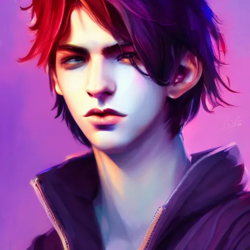 Image similar to colorful and festive captivating teenager boy with straight purple hair, purple eyes with red eye markers, slim body, wearing combat clothes. rich vivid colors, ambient lighting, dynamic lighting, 4 k, atmospheric lighting, painted, intricate, highly detailed by charlie bowater