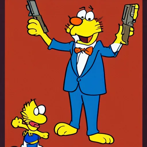 Prompt: garfield points a gun at odie, illustrated by jim davis