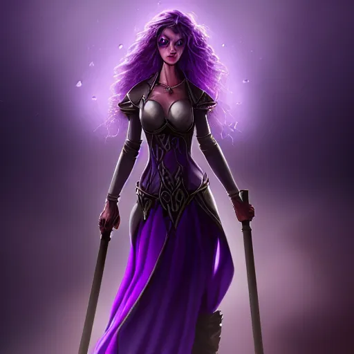 Image similar to a woman in a purple dress holding a staff and dark magic, storm and rain behind her, action scene, magical concept art, artstation contest winner, fantasy art, dark and mysterious, artstation hd, detailed, 8 k, digital art