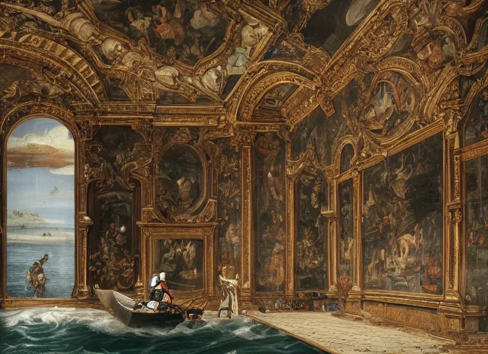 Prompt: a renaissance castle room flooded with water, a shiny metal robot is sitting in a boat, the robot has a fishing rod,