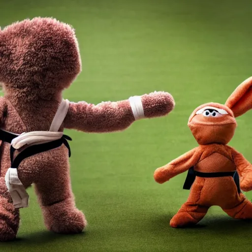 Image similar to a little brown karate loving ninja bunny that is a plush muppet wearing cool ninja clothes and practicing her karate out in nature, photorealistic, photography, ambient occlusion, rtx, national geographic