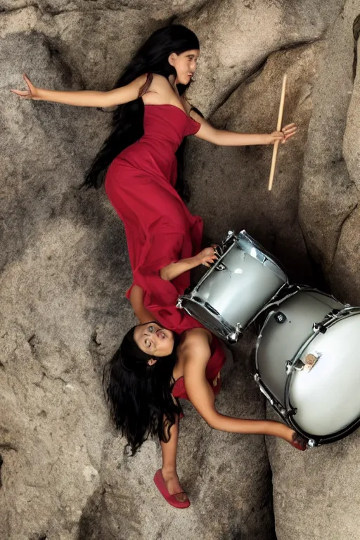 Prompt: Latina girl with long black hair playing drums on the side of a cliff