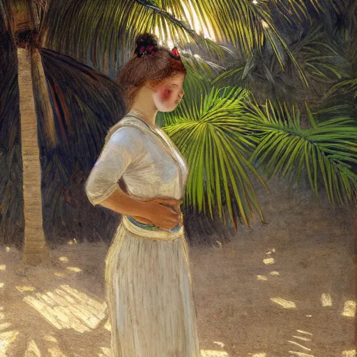 Image similar to a ultradetailed beautiful painting of a girl in the amazonas palace designed by jules bastien - lepage, hans belmer, frank weston and gustave baumann, beach, trending on artstation, mediterranean, palm trees, light sparkles, sharp focus, soft light, 8 k 4 k