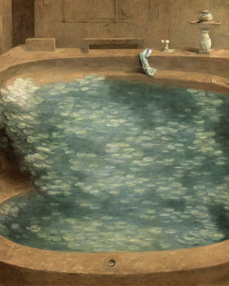 Prompt: achingly beautiful painting of an ancient roman bathtub by rene magritte, monet, and turner. piranesi.