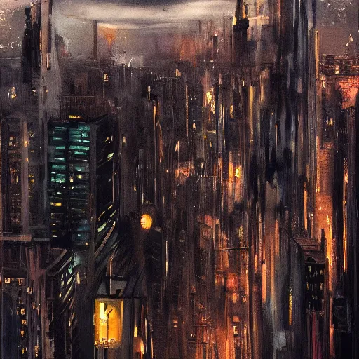 Prompt: turbulent by arturo souto, by peter coulson pixar. print. a beautiful, but eerie, illustration of a cityscape at night. the buildings are all tall & thin, & they are lit up by a strange light. the sky is deep & dark & there are no stars to be seen.