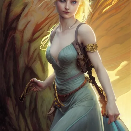 Image similar to an epic fantasy comic book style portrait painting of a young blonde girl with pixie haircut wearing plain thief clothes, confident, d & d, fantasy, intricate, elegant, highly detailed, digital painting, artstation, concept art, matte, sharp focus, illustration, art by artgerm and greg rutkowski and alphonse mucha