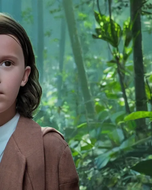 Image similar to Portrait of Millie Bobby Brown in a jungle of lightning