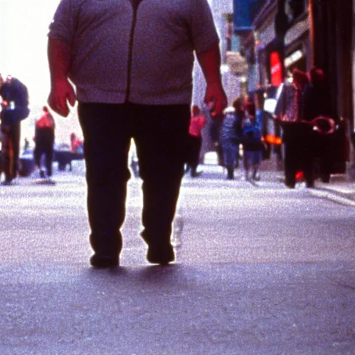 Prompt: Chris Farley walking down a city street while holding hands, 35mm film still from 1994
