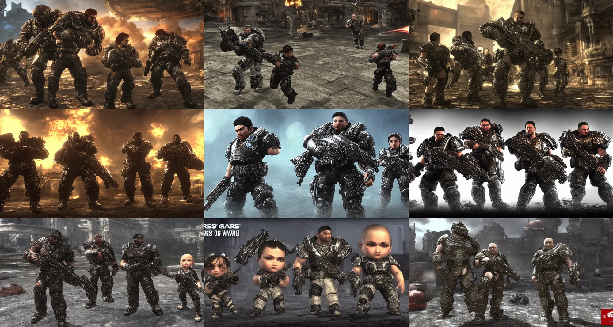 Prompt: Screenshot of 3d chibi fantasy characters in videogame 'gears of war'