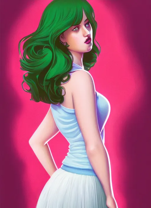 Image similar to full body portrait of teenage cheryl blossom, obese, bangs, green eyes, sultry expression, red hair, sultry smirk, bangs and wavy hair, pink skirt, fat, intricate, elegant, glowing lights, highly detailed, digital painting, artstation, concept art, smooth, sharp focus, illustration, art by wlop, mars ravelo and greg rutkowski