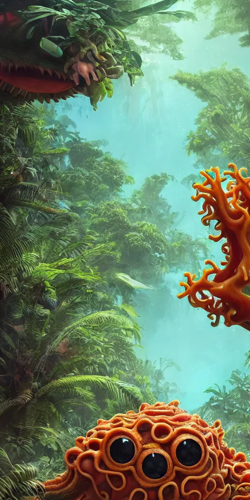 Image similar to of a tropical rainforest lake with strange cute friendly happy creatures with huge eyes, mouth, long tongue, round teeth and tentacles appearing from sandy coral, in the style of gehry and gaudi, macro lens, shallow depth of field, ultra detailed, digital painting, trending artstation, concept art, illustration, cinematic lighting, photorealism, epic, octane render