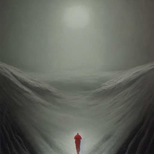 Image similar to a painting of a person standing in the snow, a surrealist painting by zdzisław beksinski and by alena aenami, deviantart, nuclear art, dystopian art, apocalypse landscape, surrealist