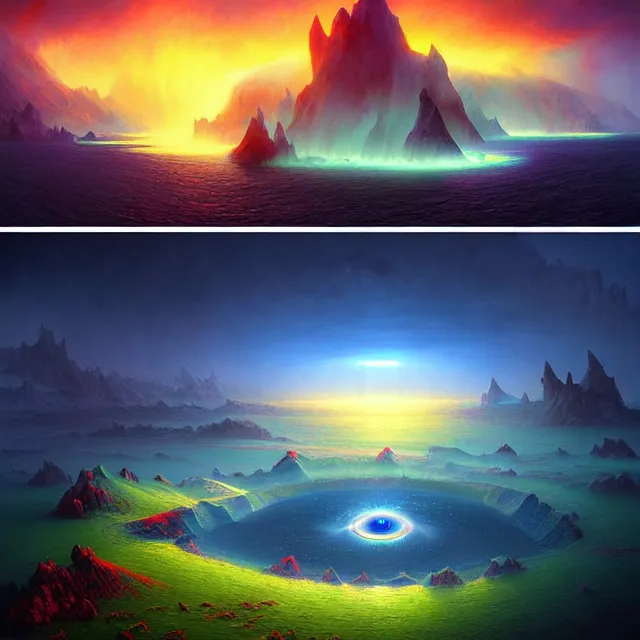 Image similar to fantasy aerial iceland landscape in the form of the human eye!!!!!, volumetric lighting, colorful, sharp and focus, ultra detailed, beautifully lit landscape, astrophotography, in the art style of dan mumford, ivan aivazovsky and marc simonetti