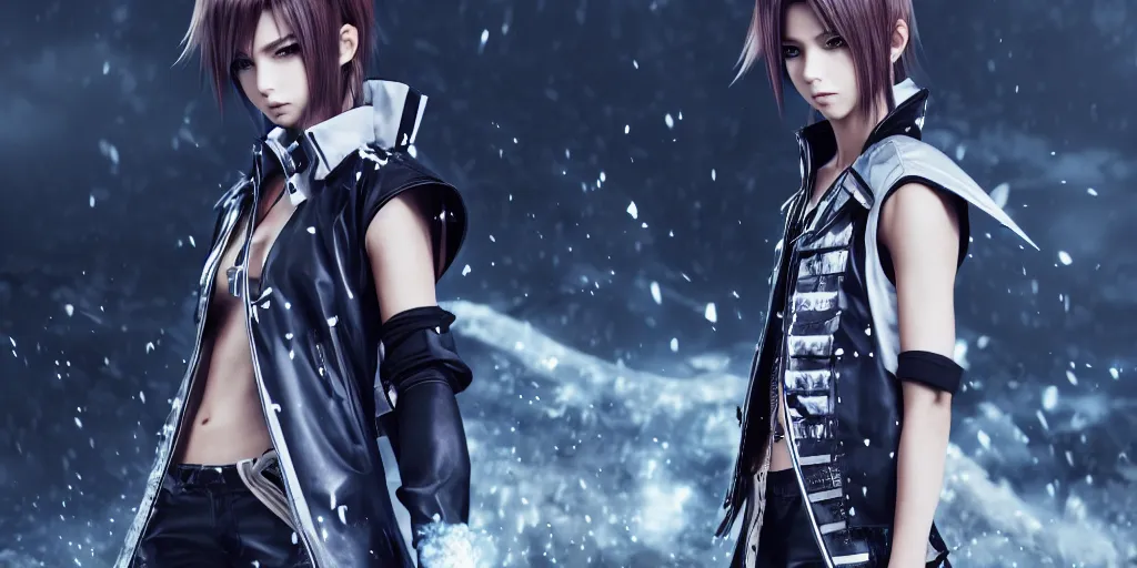 Image similar to Anime style streetwear, Octane render, Final Fantasy X, dark latex outerwear, atmospheric scene