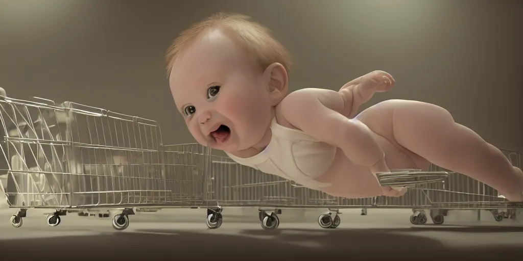 Prompt: beer drinking baby in diapers with a shopping cart, dim volumetric lighting, 8 k octane beautifully detailed render, post - processing, extremely hyper - detailed, intricate, epic composition, cinematic lighting, masterpiece, detailed detailed detailed, masterpiece, stunning art, wonderful masterpiece, beautiful cinematic light