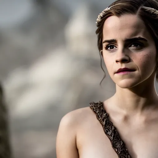 Image similar to Emma Watson as Daenerys Targaryen, XF IQ4, f/1.4, ISO 200, 1/160s, 8K, Sense of Depth, color and contrast corrected, Nvidia AI, Dolby Vision, in-frame