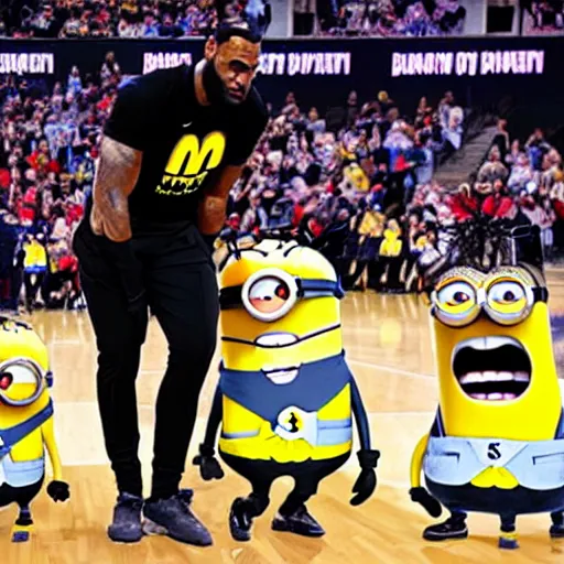 Image similar to lebron teaching the minions how to shoot, kids drawing,