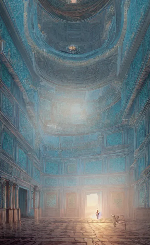 Image similar to vanishing point, palace covered with aqua blue roses like the forbidden city in distance at the red rose royal manor, viewed from afar, stephen bliss, misty, unreal engine, fantasy art by greg rutkowski, loish, ferdinand knab, and lois van rossdraws,, global illumination, radiant light, minimalist, detailed and intricate environment