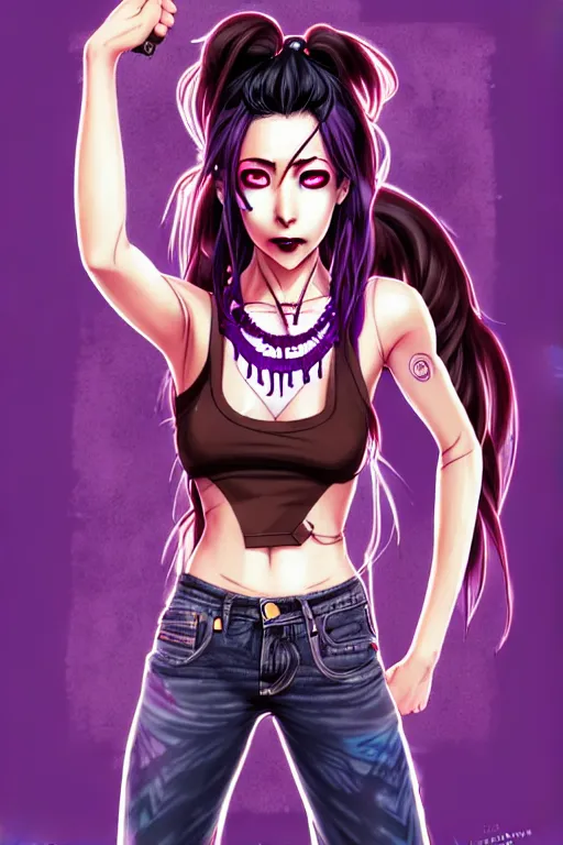 Image similar to a portrait of dilraba dilmurat as revy from black lagoon, smirk, black tank top, jean shorts, brown eyes, purple hair, tribal tattoo sleeve right arm, symmetrical eyes, symmetrical face, art by lois van baarle and loish and ross tran and rossdraws and sam yang and artgerm