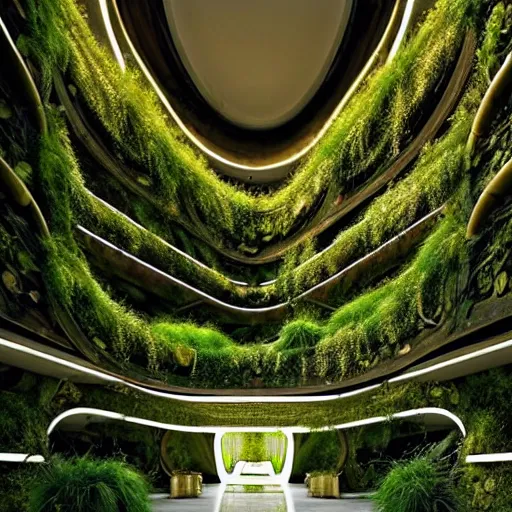 Image similar to a dream about opulent, abandoned overgrown futuristic base on Mars designed by Zaha Hadid, lush plants growing through the glossy floors and walls, walls are covered with moss and vines, beautiful, dusty, golden volumetric light shines through, golden rays fill the space with warmth, rich with epic details, dreamy atmosphere and drama