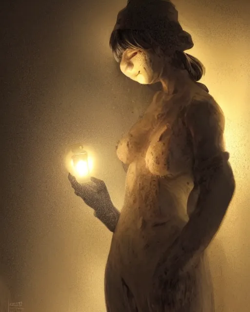 Prompt: a coalminer woman covered in coal dust in a mine lit by kerosene lamps, sweaty and gross pioneer work, scary cave lighting, detailed face, by makoto shinkai, stanley artgerm lau, wlop, rossdraws