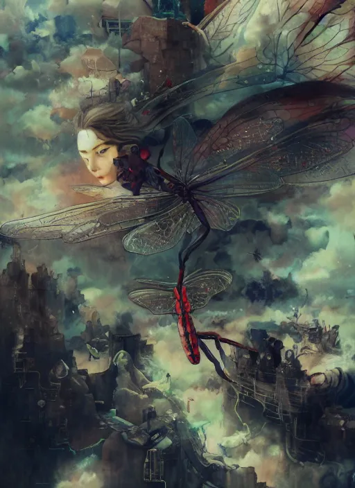 Image similar to surreal gouache painting, by yoshitaka amano, by ruan jia, by Conrad roset, by good smile company, detailed anime 3d render of a magical Dragonfly flying on a DJ mixer, portrait, cgsociety, artstation, rococo mechanical and electronic, dieselpunk atmosphere