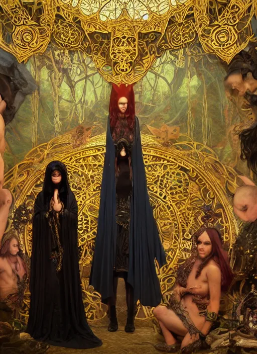 Image similar to picture inside covens den, textless hyper ornate wiccan masks, intricate wiccan scene detailing, highly detailed, lifelike, photorealistic, diffuse lighting, hdrp render, artstation, unreal 5, smooth, sharp focus, art by john collier, albert aublet, krenz cushart, artem demura, alphonse mucha