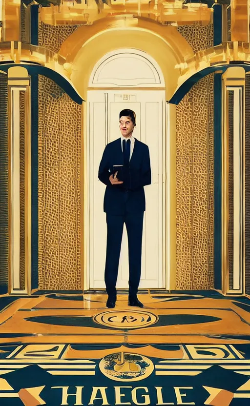 Prompt: film poster. a young man in a suit. the halls and foyer of a grand old art deco hotel. the hotel's eclectic guests. film poster. wes anderson. golden light. collage. photorealistic. trending on artstation. textless.