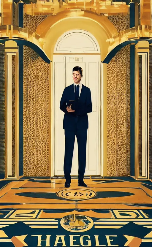 Image similar to film poster. a young man in a suit. the halls and foyer of a grand old art deco hotel. the hotel's eclectic guests. film poster. wes anderson. golden light. collage. photorealistic. trending on artstation. textless.