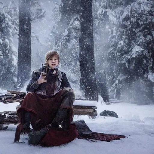 Image similar to a movie still from final fantasy live action, a traveler alone by the campfire in the sno, dieselpunk w