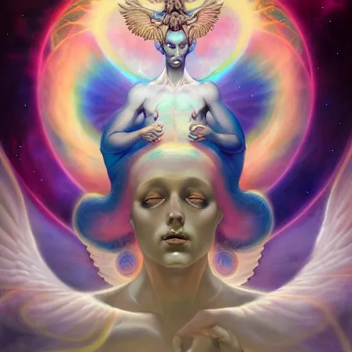 Image similar to psychedelic angelic celestial being artwork of peter mohrbacher, by henry fuseli, ayahuasca, frank xavier leyendecker, energy body, sacred geometry, esoteric art, rainbow colors, divinity detailed, realism, saturated colors,