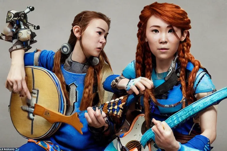 Image similar to aloy from the horizon zero dawn videogame playing the guitar with link from the legend of zelda videogame in the international space station